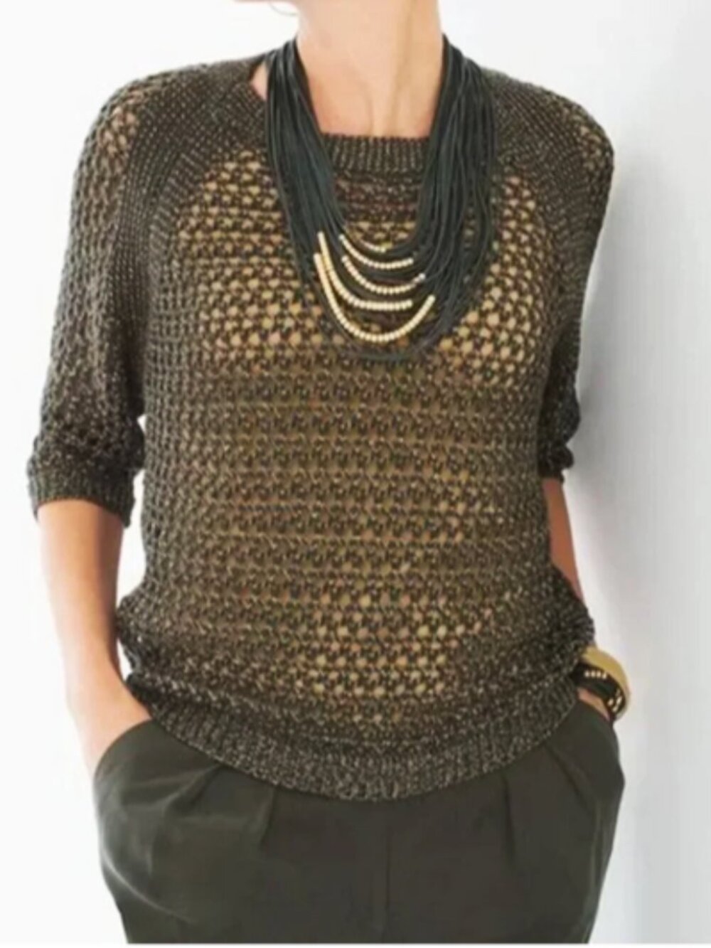 Chico's Green Metallic Gold Jessica Sweater size 1